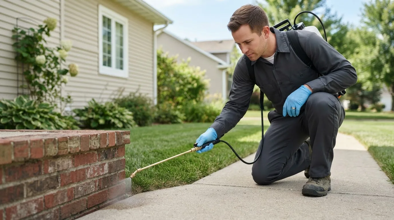 Pest control technician treating a home near Corolla, NC